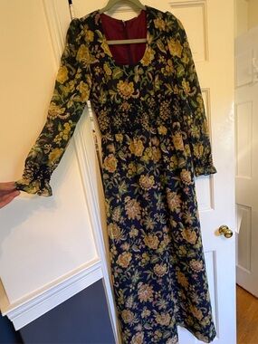 Floral Long Sleeve Maxi Dress - Navy with Yellow Floral